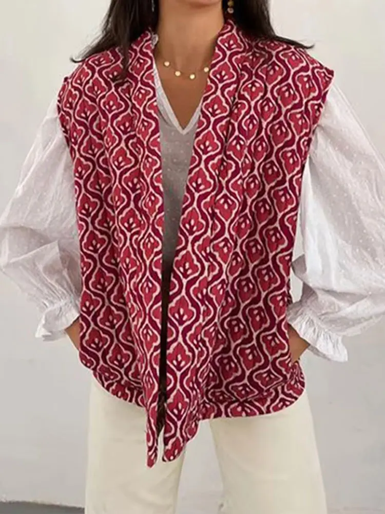 HH Autumn Winter Women Print Waistcoat Loose Casual  V Neck Sleeveless Open Front Vest 2024 Female Fashion Streetwear Top