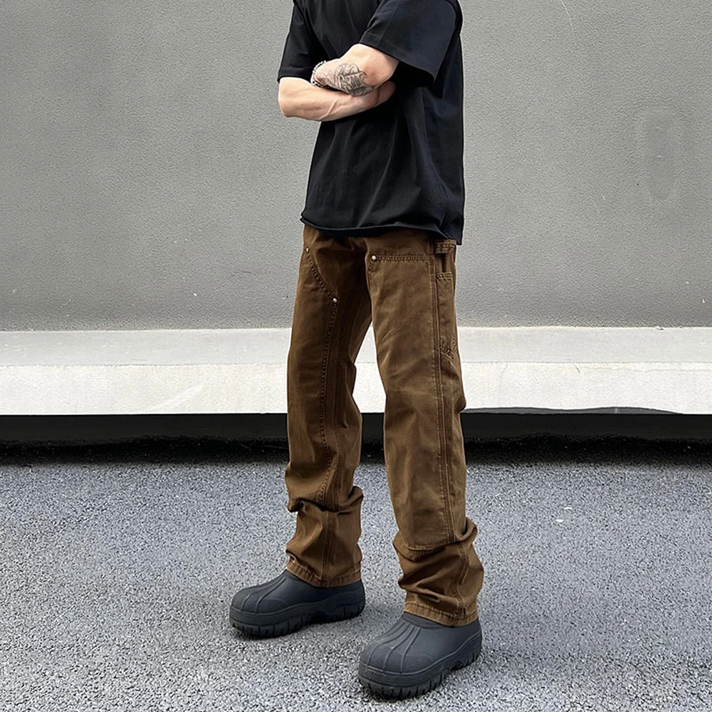 Casual Pants Men Brown High Street Fashion Pantalones Hombre Streetwear Autumn Vintage Slim Y2k Jeans Patchwork Summer Trousers