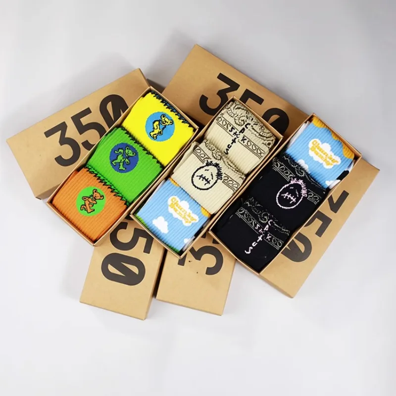 

Socks Men's New Dance Bear Ice Cream American Cashew Flower Sports Socks 3 Pair/Box Gift Box Spring/Summer Designer Socks