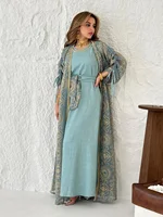 Eid Muslim Abayas for Women Party 2 Piece Set Embroidery Cardigan Robe Lace Up Dress Morocco Kaftan Islam Ramadan Dubai Vestidos 3
