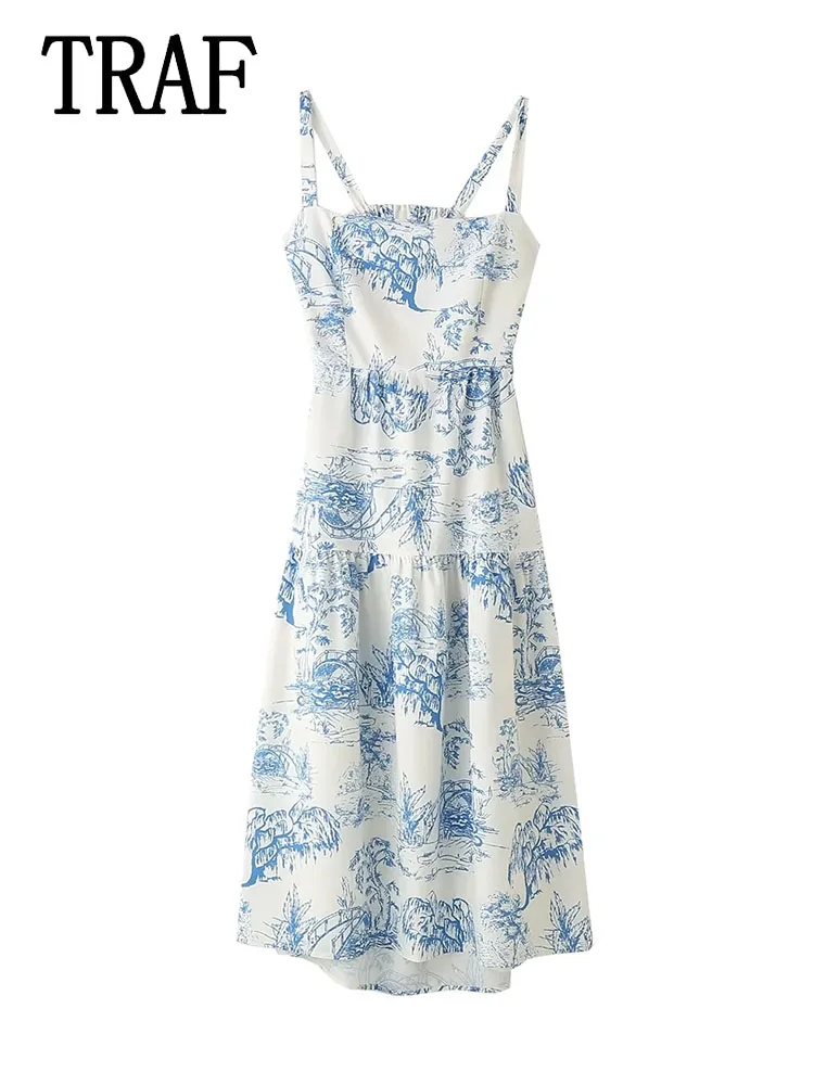 

TRAF Woman Backless Halter Midi Long Dresses 2024 Woman Fashion Casual Slim Dress Sleeveless Printed Dress