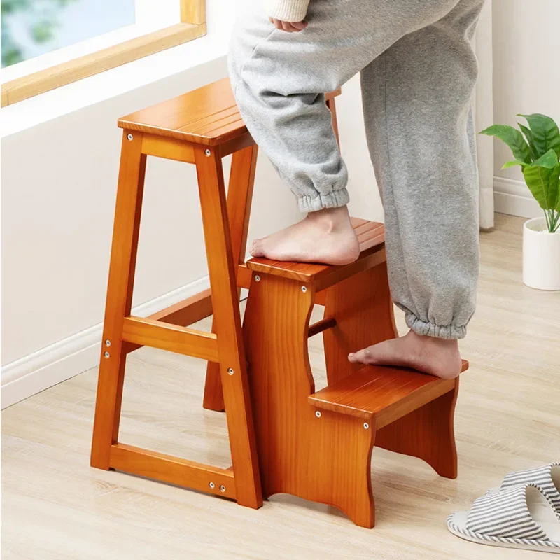 

Solid Pine Wood High Stools Kitchen Multifunctional Step Ladder Chair Folding Design Step Stool Strong And Durable Ladder Stool