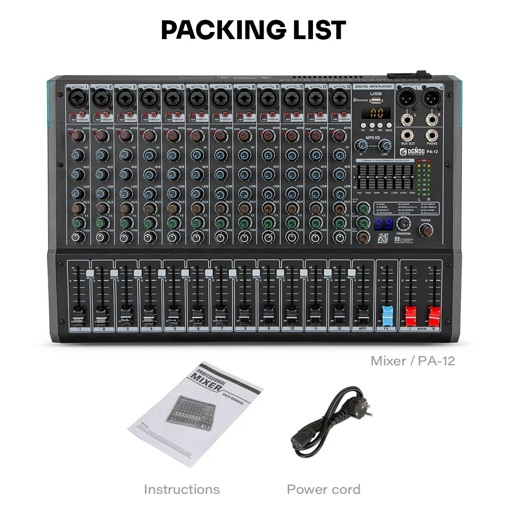 Professional 6/8/12 Channel Audio Mixer DGNOG PA Series Portable Sound Mixing Console with 48V Phantom Power for DJ Stage Studio