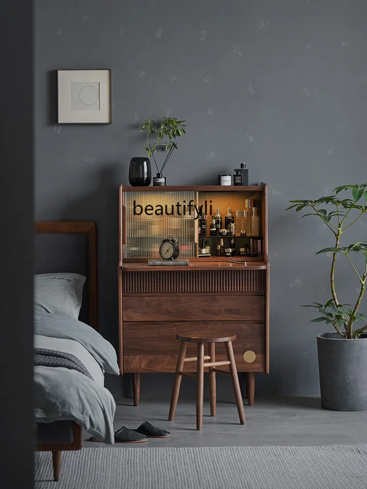 

Solid Wood Dresser Bedroom Black Walnut Wooden Chests of Drawers Large Capacity Storage Cabinet Retractable Makeup Table