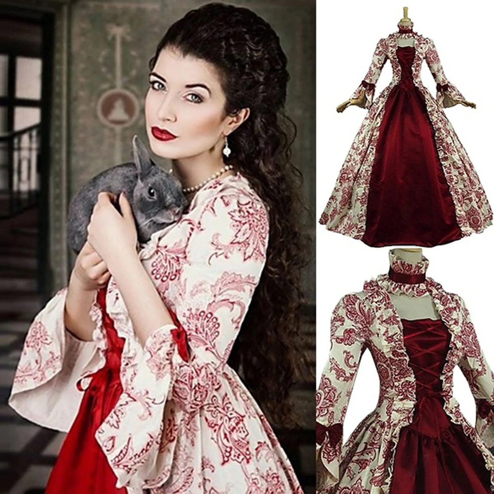 Women Lace-Up Medieval Dress Ruffles Bow Vintage Victorian Carnival Maxi Dress Patchwork Floral Female Fairy Long Dress 4