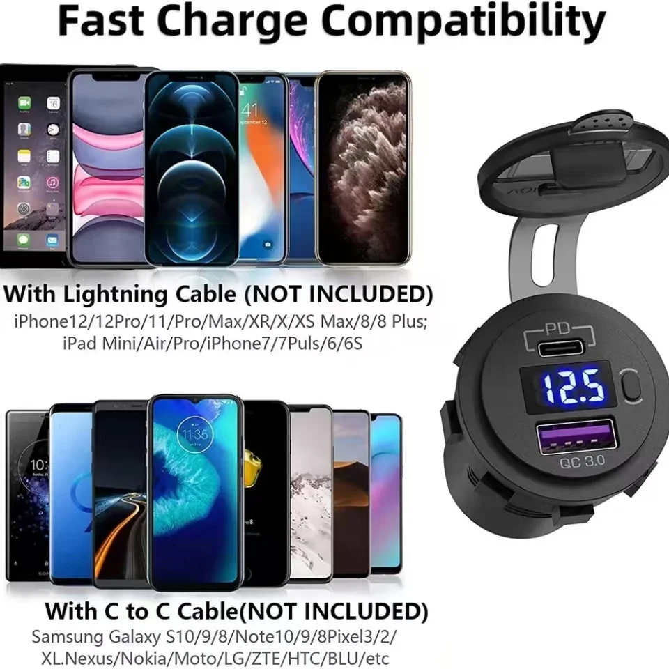 USB C 차량용 충전기 소켓 12V/24V 듀얼 USB 소켓 PD3.0 및 QC3.0 차량용 USB 포트 LED 전압계 및 온/오프 스위치 포함