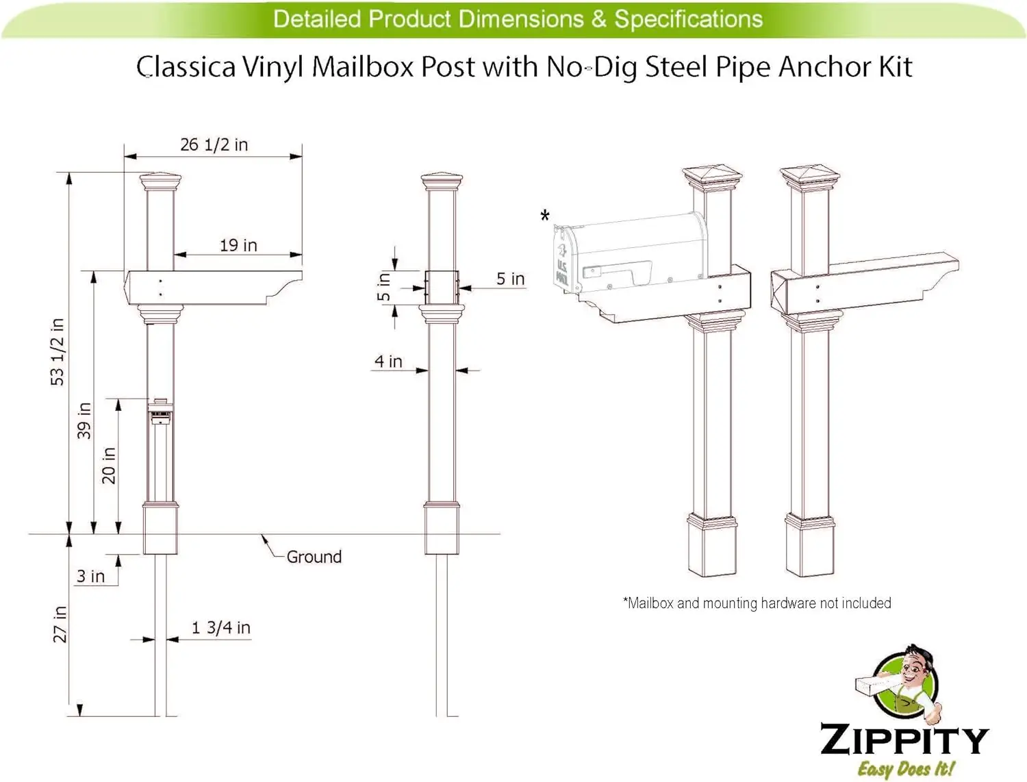 Description Picture 3 of itemZippity Outdoor Products ZP19013 Classica Mailbox Post, White