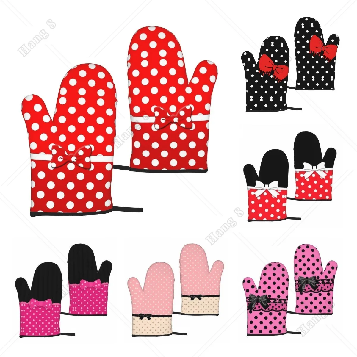 Bow Polka Dots Women 2pc Heat Resistant Gloves Oven Mitts Gloves Kitchen Decor Heat Resistant Pot Holders Set for Cooking Baking