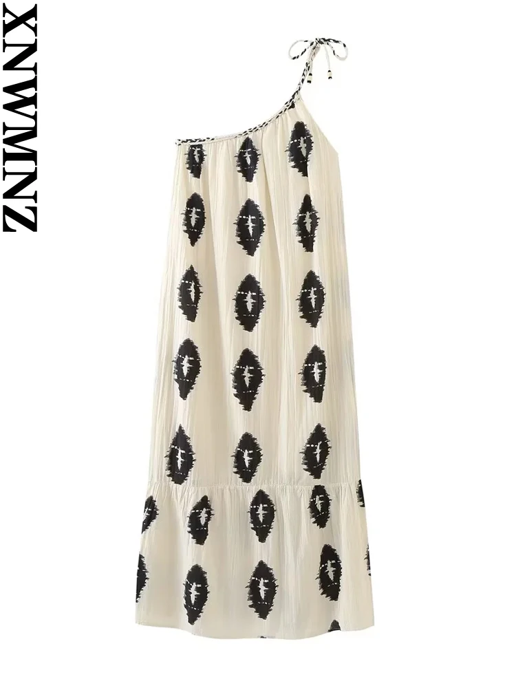 

XNWMNZ 2023 Women's Fashion Asymmetric Neckline Printed dress Vacation Style Woven Adjustable Tie Strap Loose Female Midi Dress