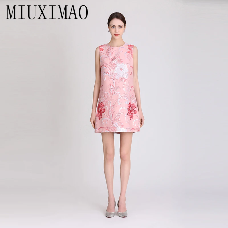 

MIUXIMAO 2023 High Quality Spring&Summer Elegant Dress Sleeveless O-Neck Jacquard Embroidery Fashion Mini Dress Women Vestide