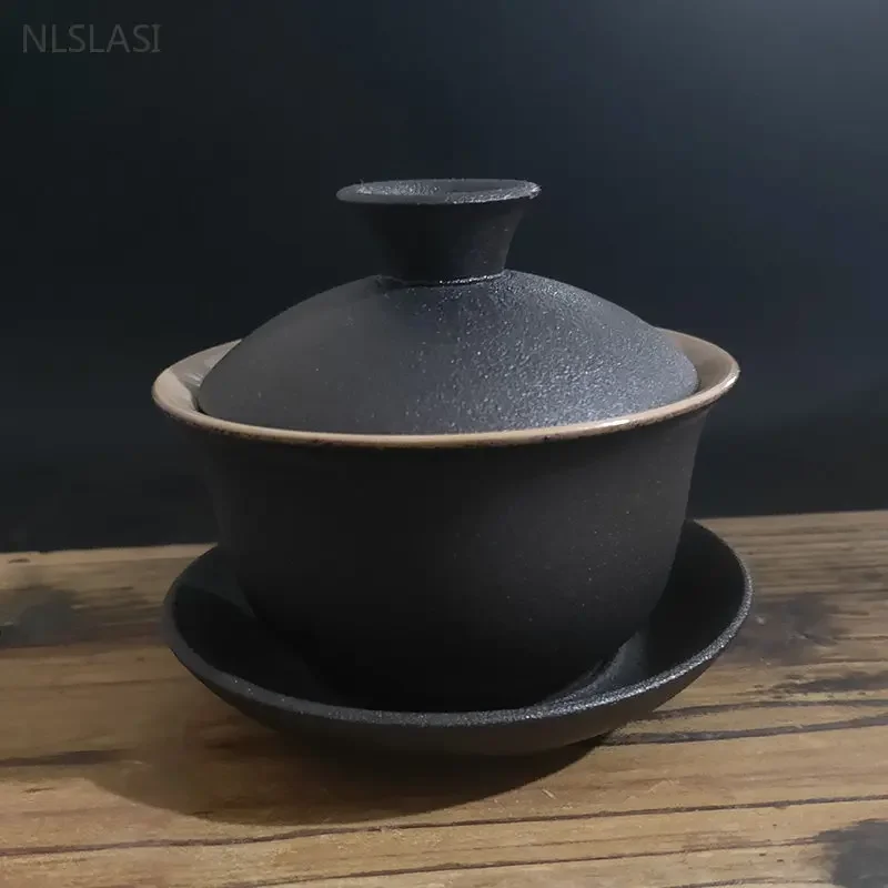 150ml Black Ceramics Gaiwan Teacup Household Handmade Tea Cups with Lid Customize Porcelain Teaware Portable Tea Infuser