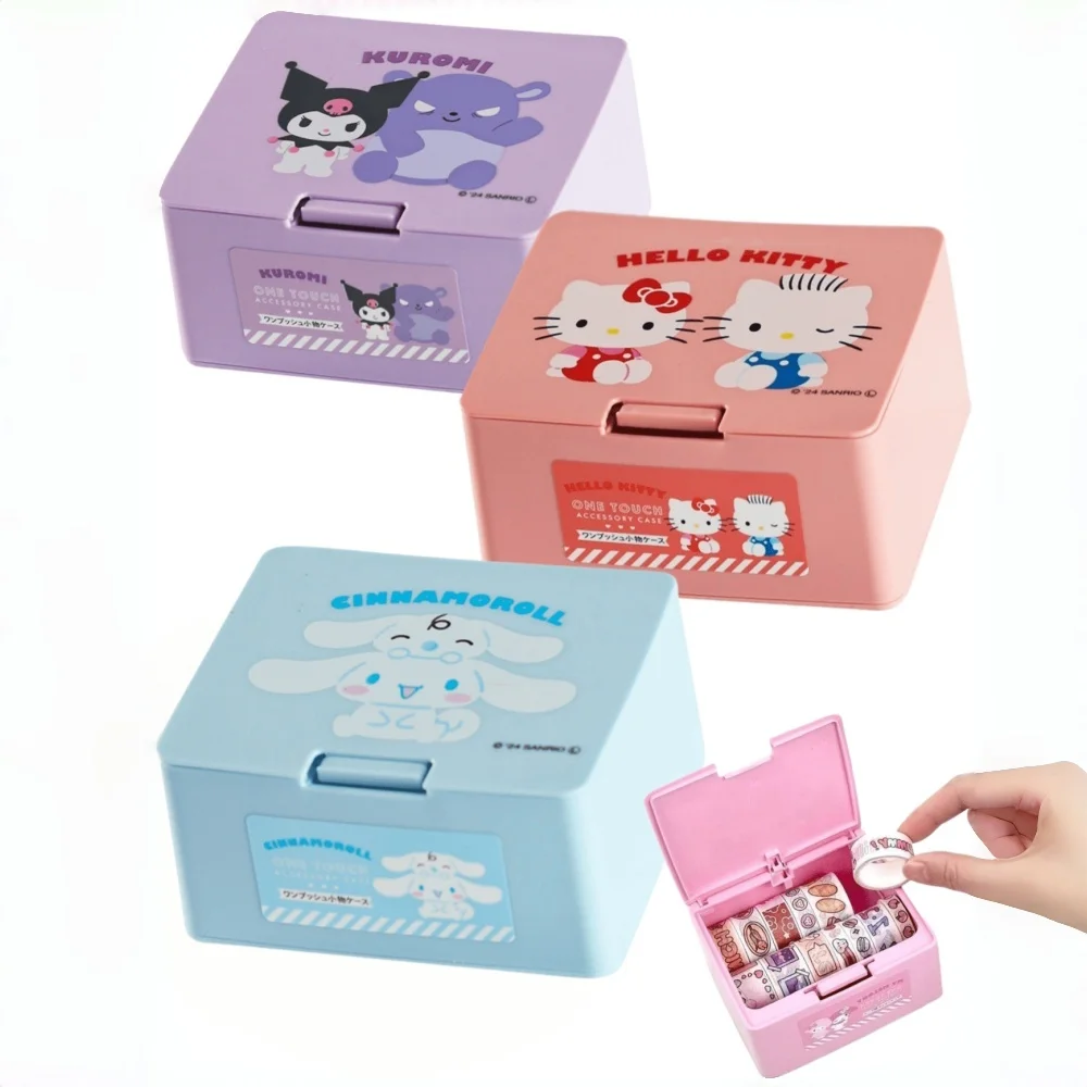 1pc Hellokitys Kuromi plastic storage box with press open lid - modern storage for dental floss, cosmetic pads, and small items