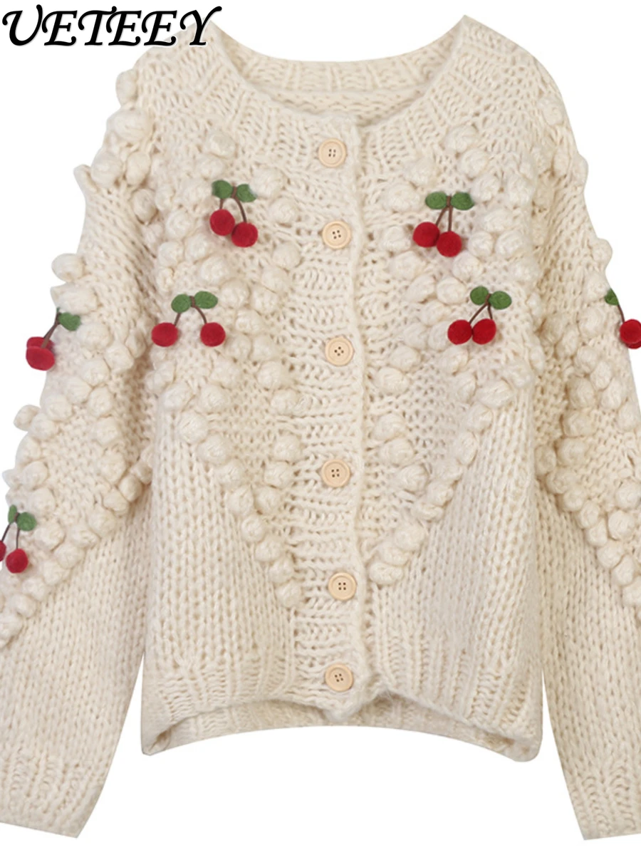 

2023 Autumn New Sweater Cardigan Hand Crocheted Vintage Oversized Loose Knitted Jumper Women Round Neck Long Sleeve Sweater Coat