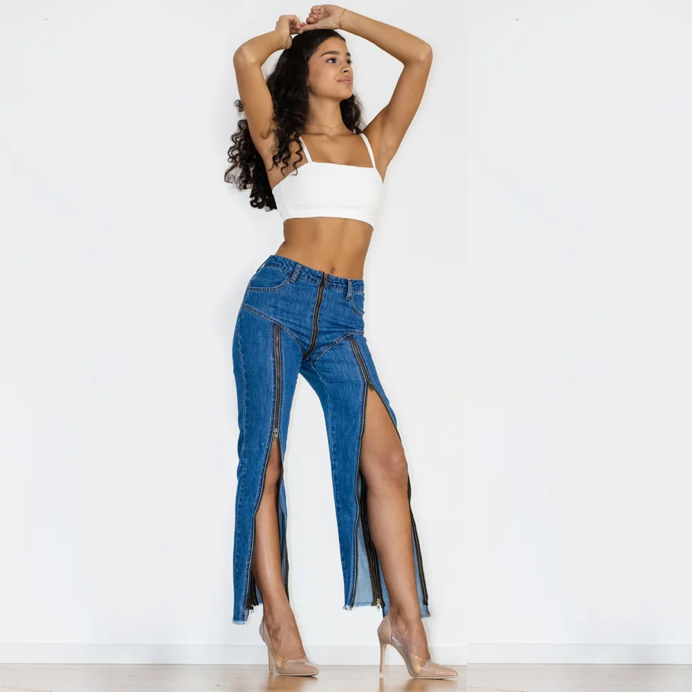 Shascullfites Dance Denim Pants Dark Blue Women Trend Front To