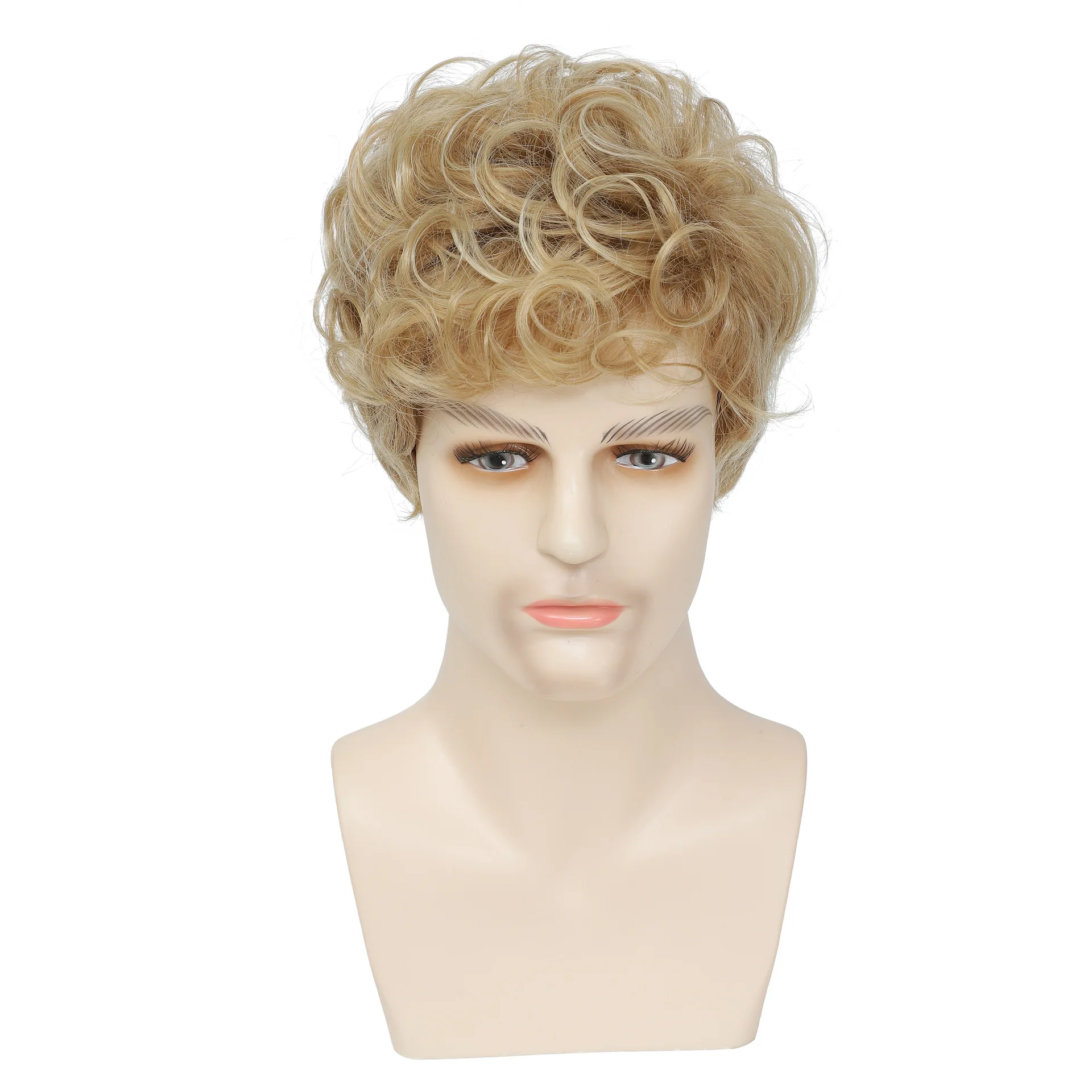 Synthetic Men Short Curly Blonde Wig with Bangs Fluffy Looking Realistic Wig High Temperature Fiber Wavy Fake Hair - 2