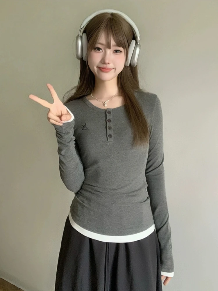 

Deeptown Y2k Aesthetic Grey T-shirts Women Egirl Korean Style Patchwork Long Sleeve Tees Harajuku Streetwear Corset Tops Autumn