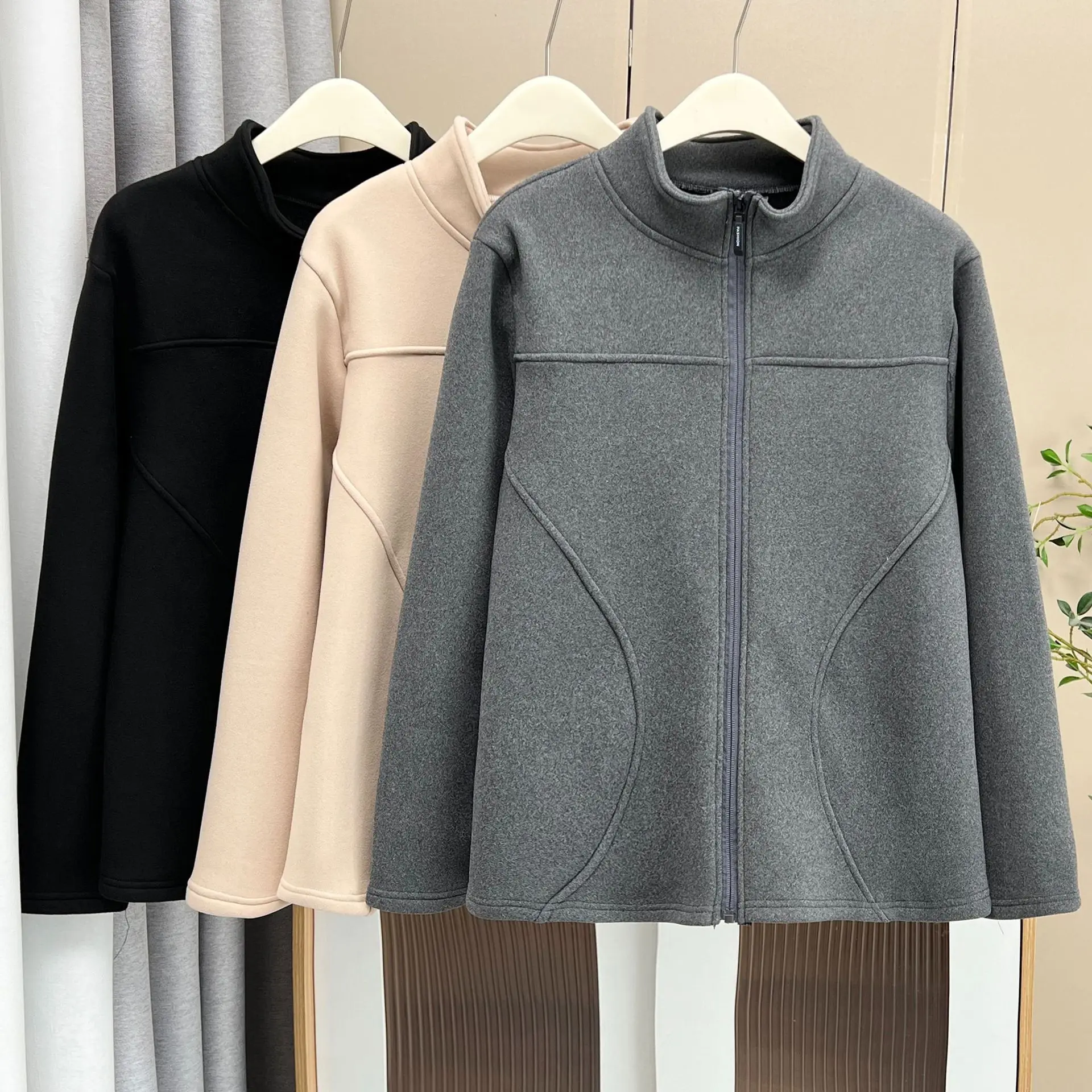 XXXXL Fashion Plus Size Women's Fleece Jacket New Simple Thicken three-dimensional Cut stand-up Collar Hoodies Autumn Winter2025