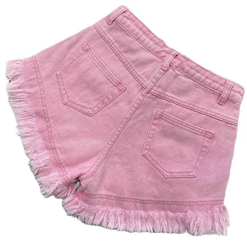 Women Summer 2023 New Tassel Sexy Pink High Waist Denim Shorts
