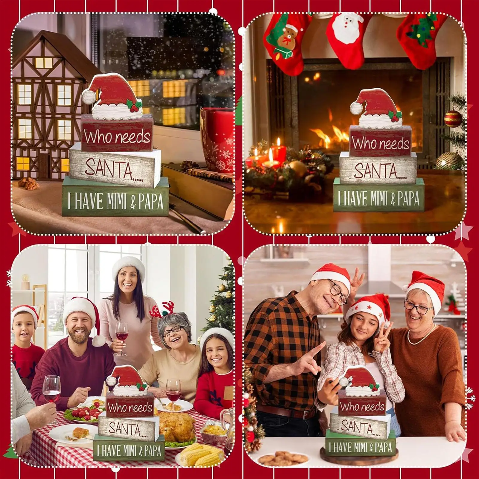 Christmas Tray Decor 4 Pieces Wooden Santa Hat Rustic Winter Tiered Tray Christmas Signs For Shelf Kitchen Bedroom Living Room