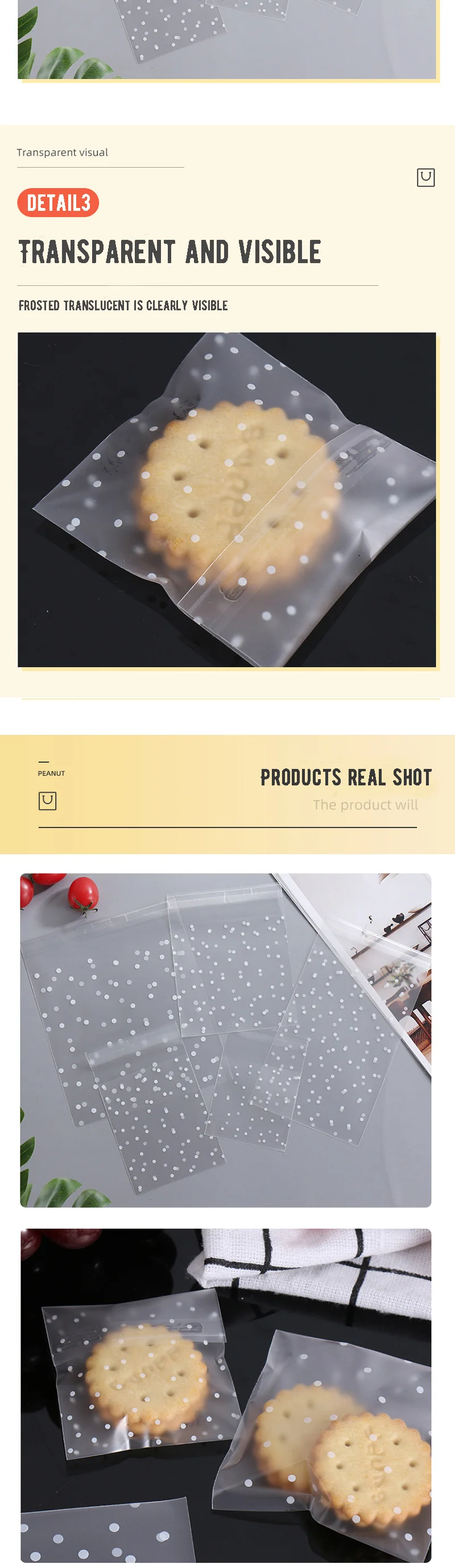 100pc Zellophan selbst klebende Tasche Punkte Plastiktüten gegenüber versiegelten Schmuck Geschenke Süßigkeiten Kleidung Kuchen Verpackung transparente Beutel – Detail 3