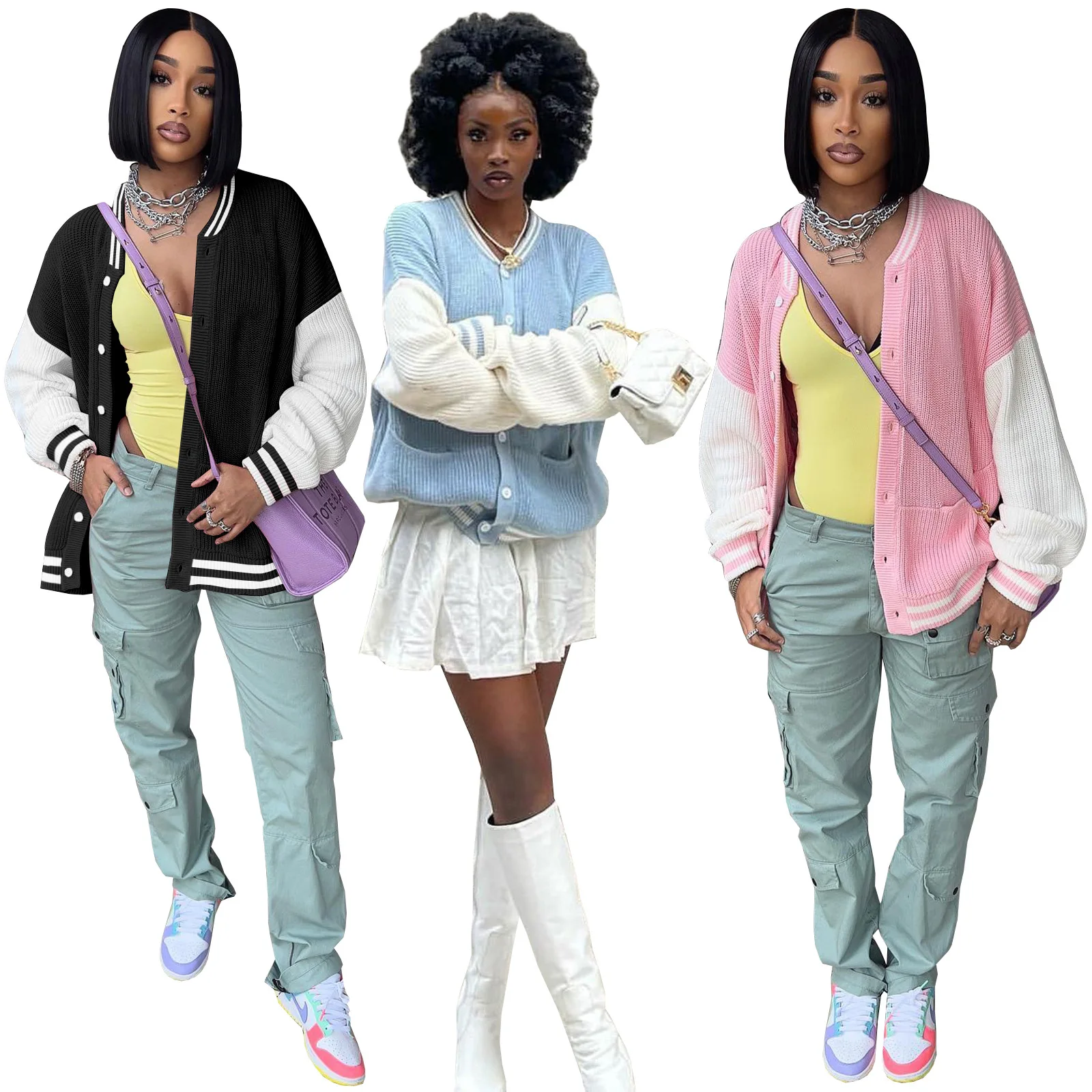 

2023 Streetwear Baseball Uniform Knitted Sweater Women's Clothing Autumn Winter Sweater Loose Knitted Cardigan Casual Jacket