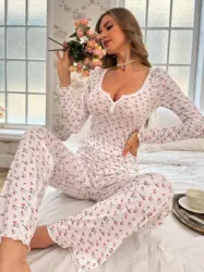Charming Bowknot Print Pajama Set with Lettuce Trim - M (MULTI)