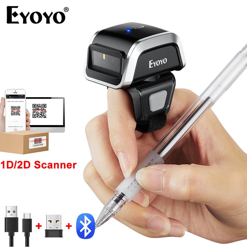 

Eyoyo EY-031 3-in-1 Connection Wearable Ring 1D 2D Barcode Scanner Auto-sensing Scanning Screen QR Image Add Prefix/Suffix 10H