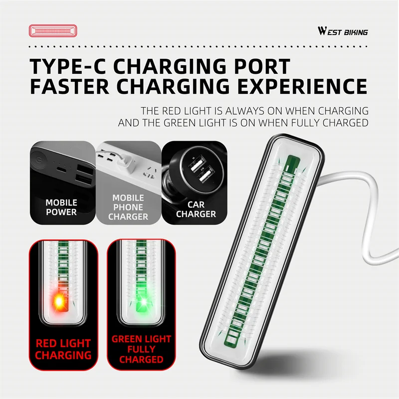 WEST BIKING Bike Tail Light Waterproof LED Bicycle Rear Light 400mAh Type-C Rechargeable Mountain Riding Cycling Tail Lamp