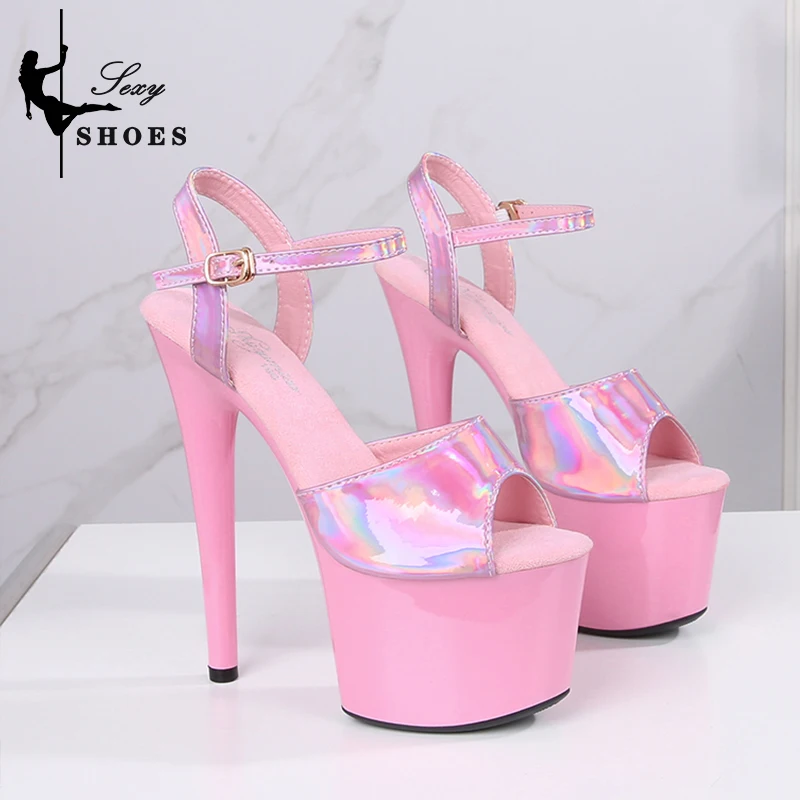 Women's Summer Shoes with Heels Sexy 17CM/7Inchs Platform Sandals Pole Dancing Fetish Erotic Stripper Shoes Luxury Laser Color