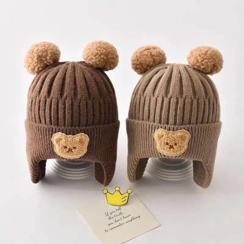 

Winter Baby Beanie Cap Cartoon Bear Ear Protection Knitted Hat for Toddler Boys Girls Cute Korean Warm Kids Crochet Hats Gorros