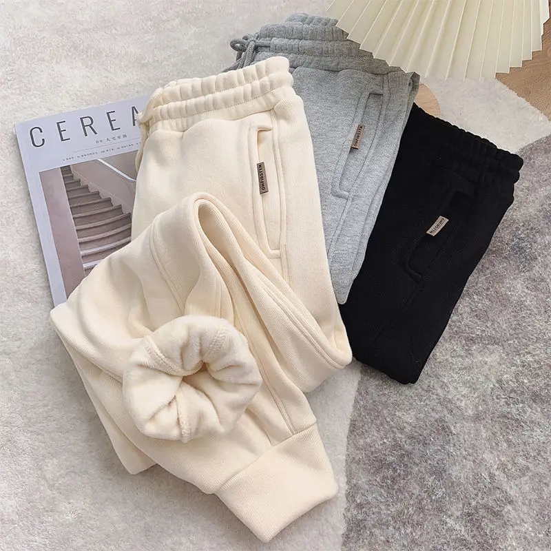 2023 Autumn Winter New Solid Color Fashion Elastic Waist Sweatpants Women High Street Drawstring Pockets Thicken Warm Haren Pant