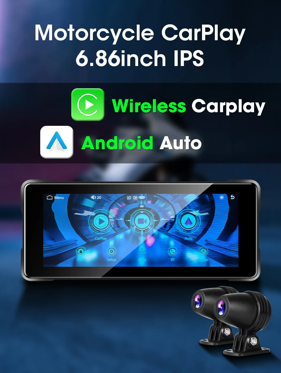 JMCQ 6,86'' Motorrad DVR GPS Navigation Drahtlose Carplay Android Auto Dash Cam IP67 Wasserdicht Dual Bluetooth Moto Monitor