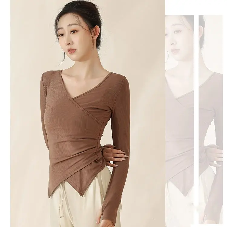 Long Sve T-irt Women's Yoga Pranayama Cross Slim Fit Faionable ort V Ne Body ape Practice Top Polyester Fiber