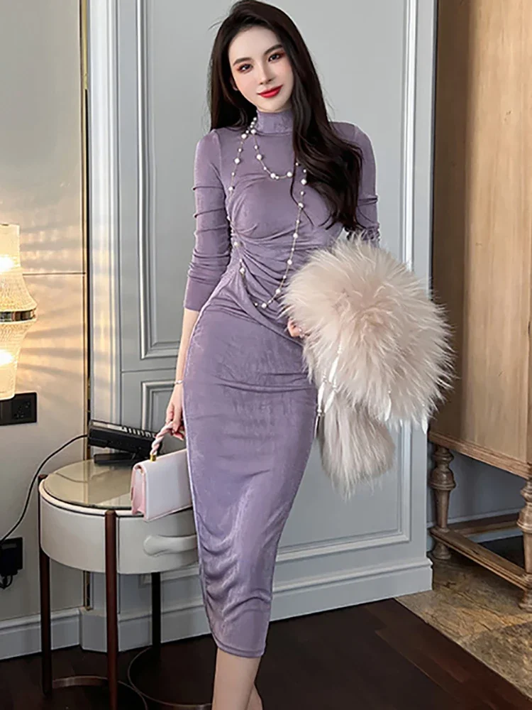 

2023 Purple Velvet Bodycon Turtleneck Long Dress Women Solid Elegant and Pretty Vestidos Autumn Winter Korean Vintage Prom Dress