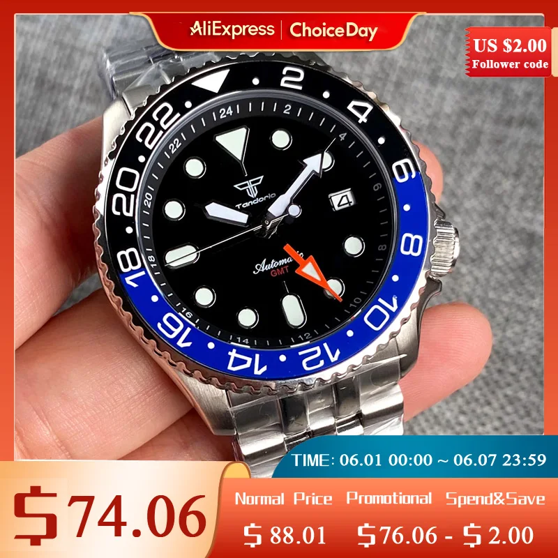 NH34A 20ATM Diving Tandorio 41mm Black Blue NH34 GMT Automatic Men's Watch 24 Hours Sapphire Crystal 120 Click Bezel 3.8 Crown