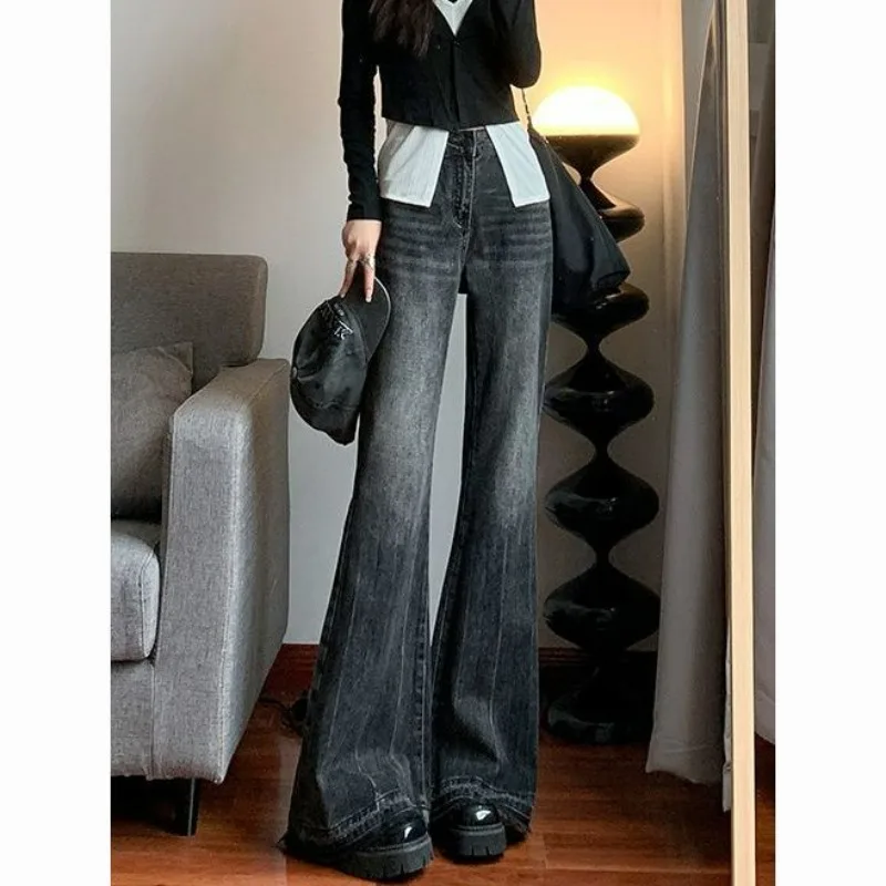 2024 New American Retro Micro Flared Jeans for Women with High Waisted and Ruffled Design Loose and Slimming Hoof Pants