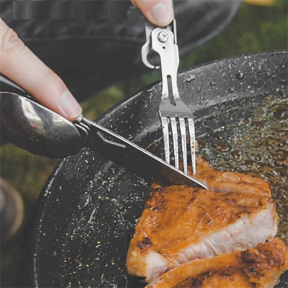 420 Stainless Steel Folding Knife Multi-tool Portable Fork Spoon Outdoor Survival Camping Pocket Knife Detachable Hand Tools
