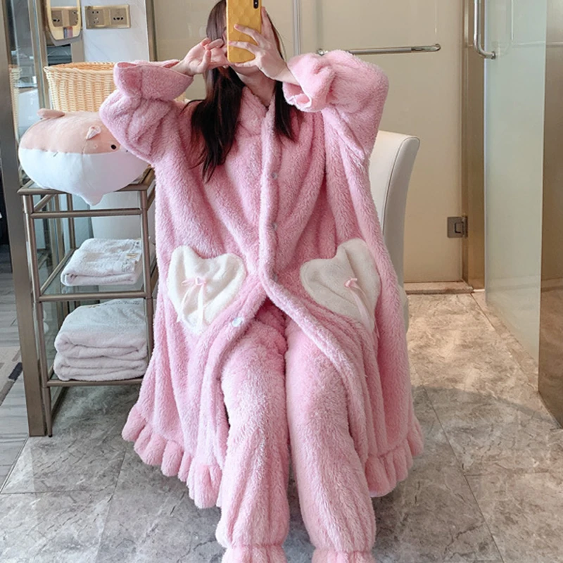 Winter Women Cute Pajamas Set Hooded Cartoon Bathrobe Kawaii Flannel Robe Set Girl Sleepwear Set Coral Fleece Sweet Warm Pyjamas