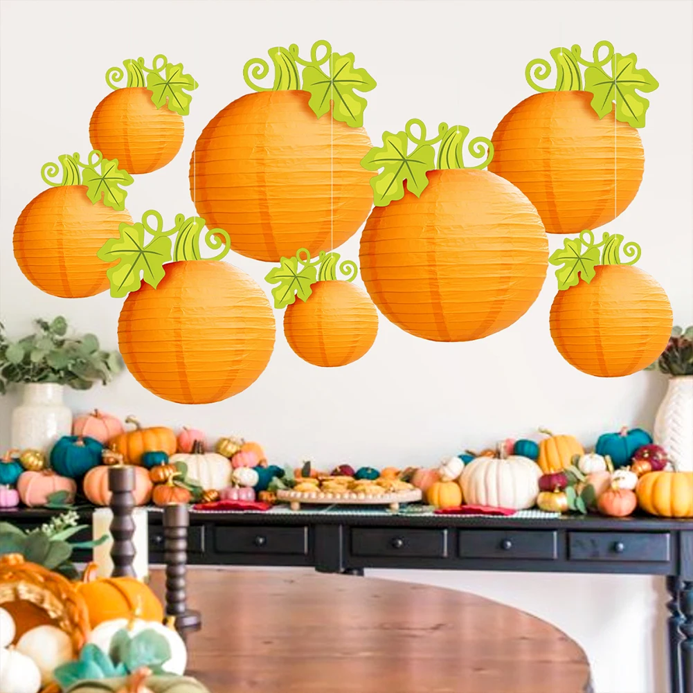 1Pc Halloween Pumpkin Lantern Hanging Orange Pumpkin Paper Round Lantern for Harvest Fall Halloween Indoor Outdoor Decor