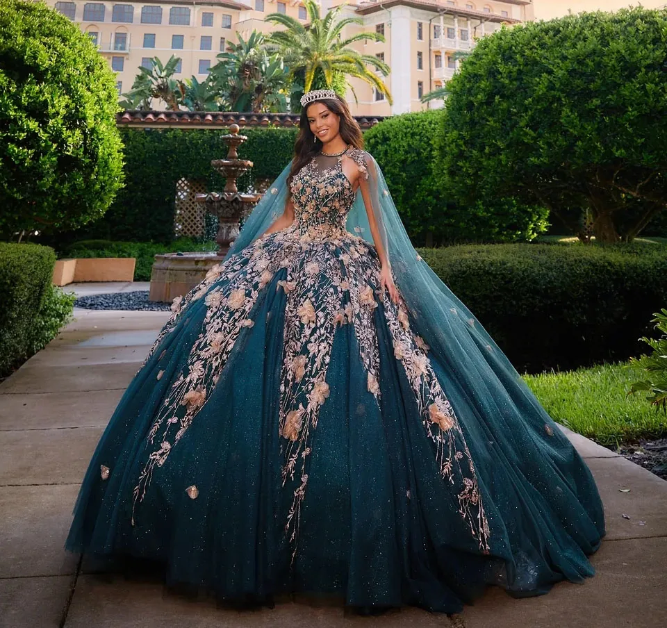 

Teal Blue Puffy Quinceanera Dresses Ball Gown Halter Tulle Appliques Beaded Mexican Sweet 16 Dresses 15 Anos