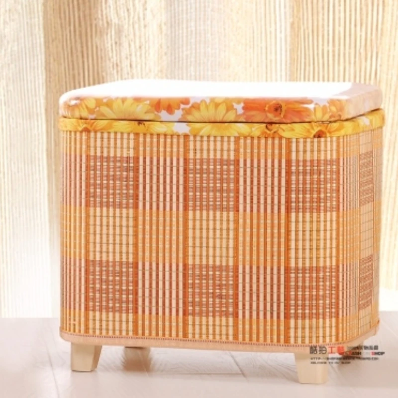Bamboo Woven Storage Stool and Multi-Functional Wooden Bench