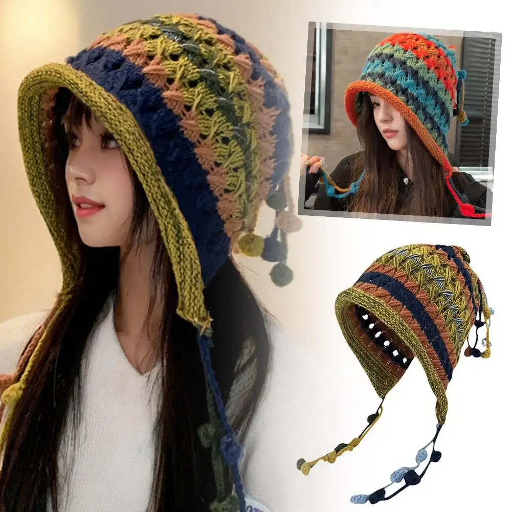 1pc Korean Imitation Handmade Crochet Colored Yarn Hat For Women Winter Fashion Nitted Beanie Cap Hm Earflap Tassel Pompom Hat women hat