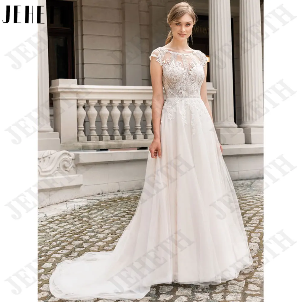 

JEHETH O-Neck Short Cap Sleeve Bride Gown Lace Applique Wedding Dresses Backless A-Line Tulle Custom Made 2024 vestidos de novia