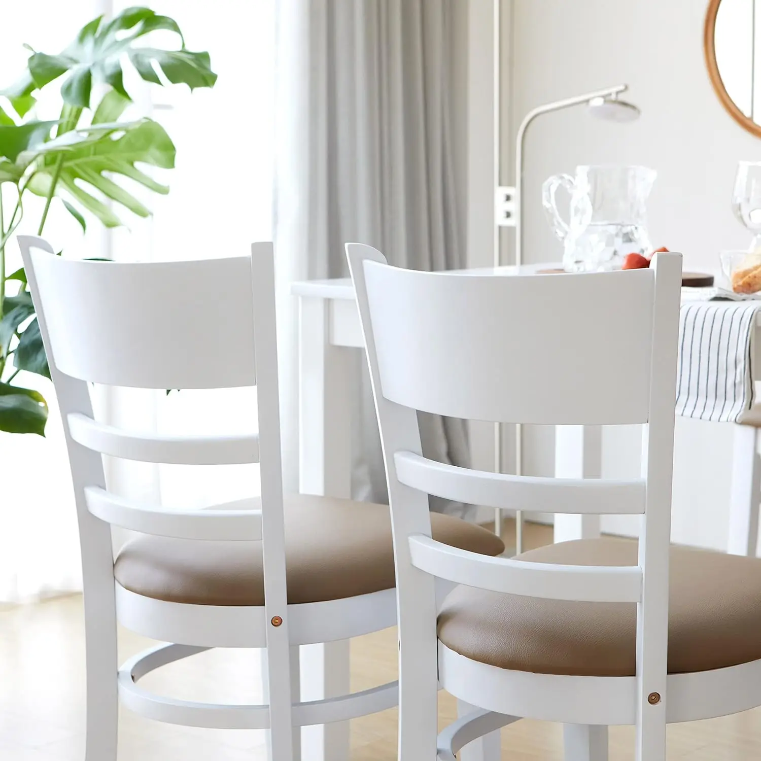 Cabin Dining Chair Set of 2 Solid Malaysian Oak PU Leather Upholstered Cushion Seat Wooden Ladder Back Side Chairs (White)