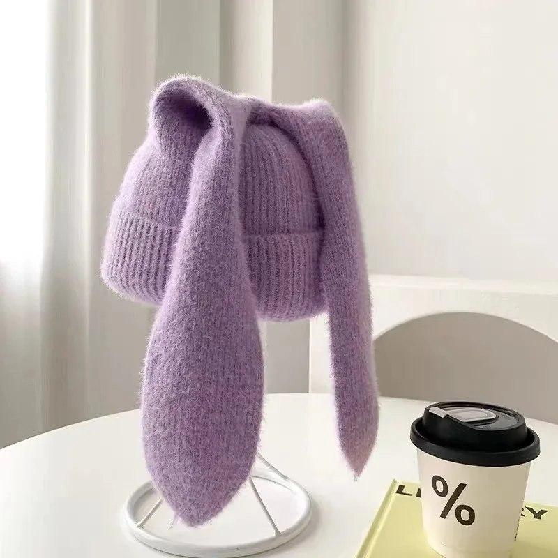 Lange Ohrmütze, gehäkelte Strickmütze, niedliche Hasenmütze, Hasenohren, Hüte für Damen, warme Wintermütze – Detail 4