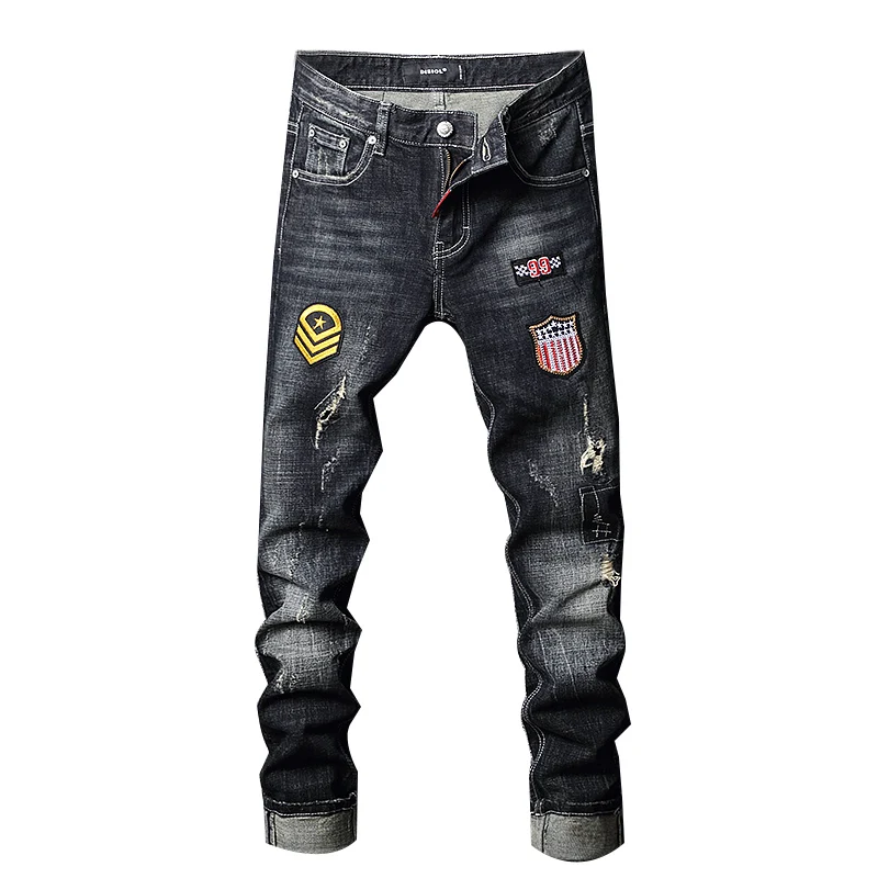 Street Fashion Men Jeans Retro Black Blue Elastic Slim Fit Vintage Ripped Jeans Men Patches Designer Hip Hop Denim Pants Hombre