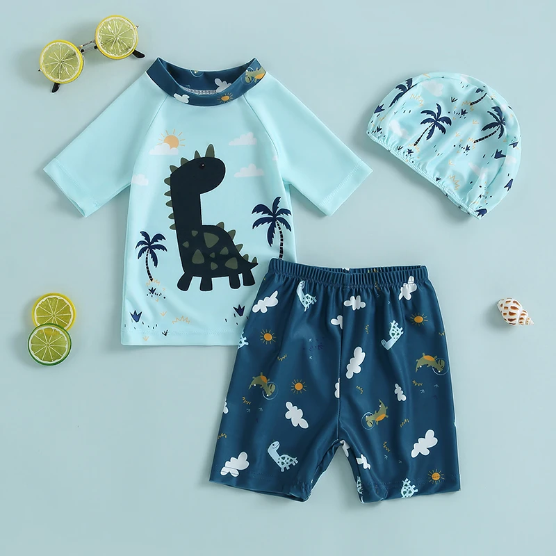 

Toddler Baby Boys Swimsuit and Swim Cap Summer Dinosaur Printed Short Sleeve Rash Guard and Swim Trunks Swimwear Beachwear 6M-3Y