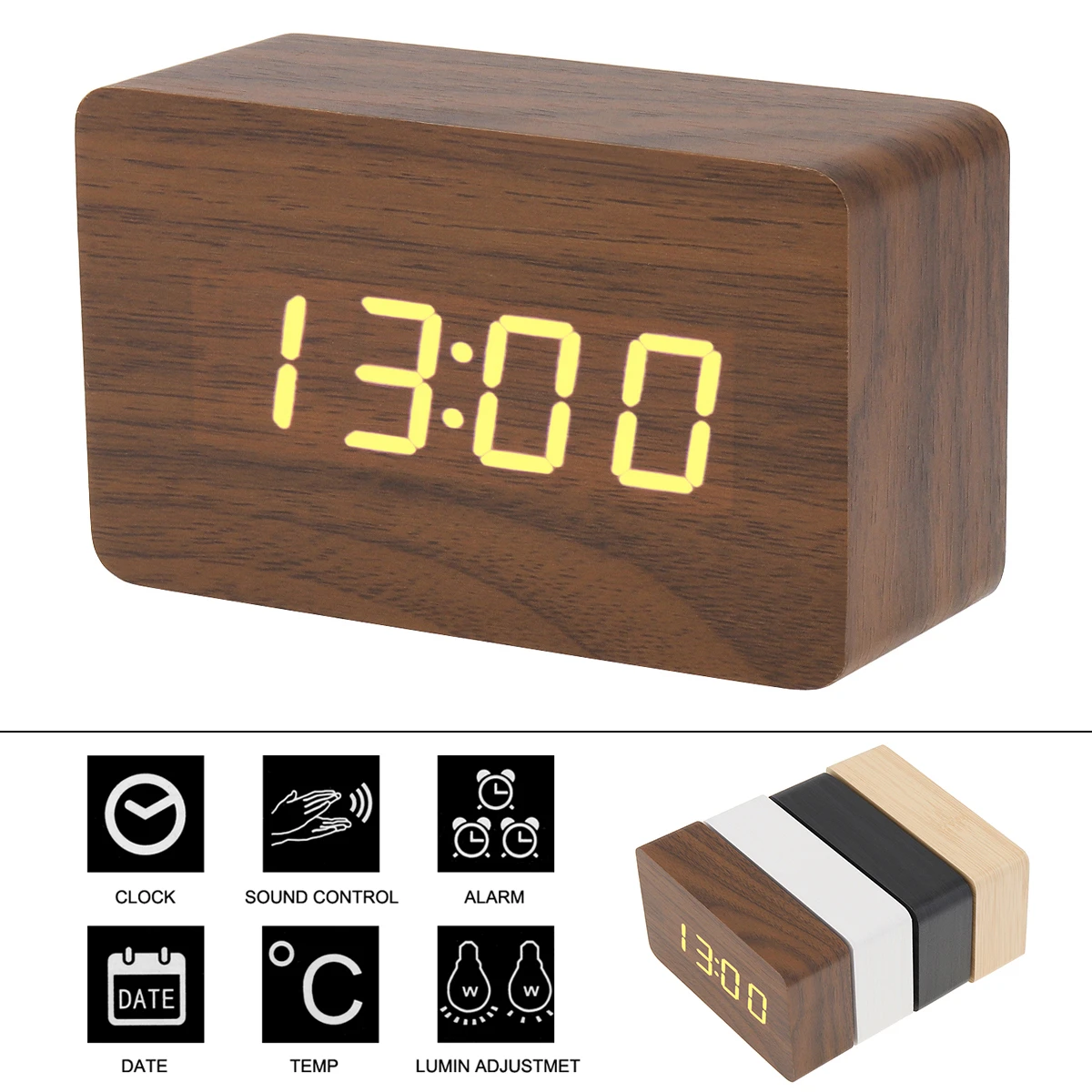 

LED Wood Alarm Clock Voice Control Time Date Temperature Digital Bamboo Rectangle Table Desktop Clocks Wood Alarm Clock