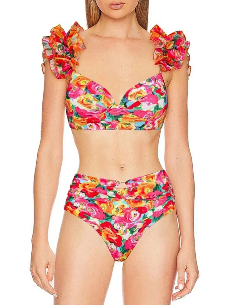 

2024 New Fashion Printed Bikini Swimsuit Push Up Sexy High Waisted Split Body Feminine Bikinis with Chiffon Cover Up Beach Skirt