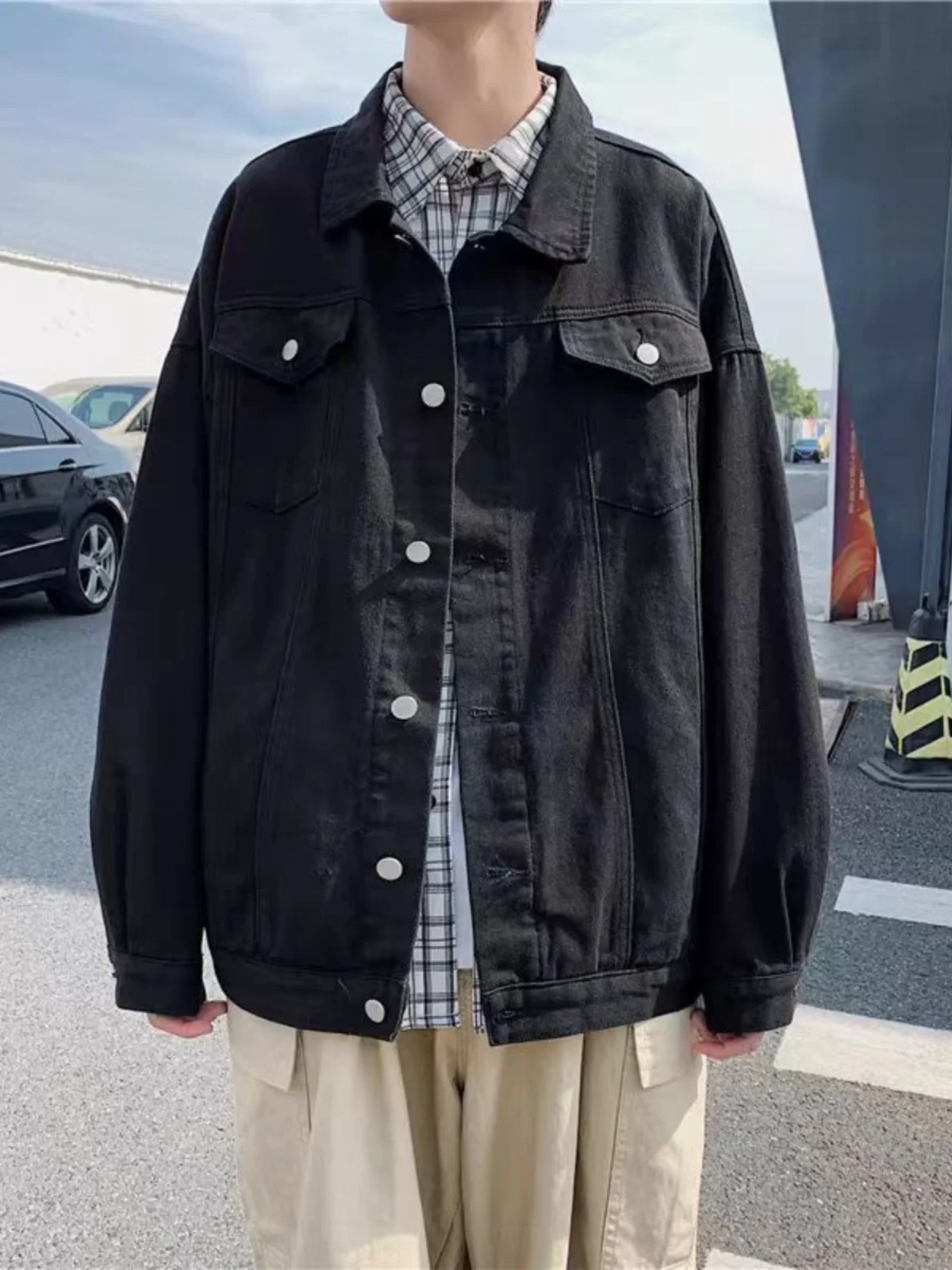 جاكيت دنيم أبيض نقي للجنسين، تصميم فضفاض لفصلي الر...